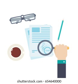 hand holds a magnifying glass on a document. Business contract. Analyzing document.  Vector illustration flat style