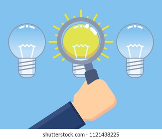 Hand holds magnifying glass over idea light bulb. Search for ideas, creativity concept. Flat design vector illustration