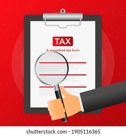 Hand holds magnifying glass over tablet with tax form on red background. Vector illustration.