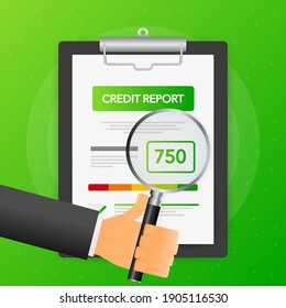 Hand holds magnifying glass over tablet with credit score on green background. Vector illustration.