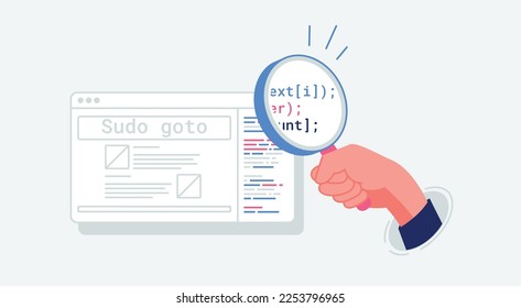 A hand holds a magnifying glass and searches something on website. The software engineer inspected the source code for any errors before submitting the project. Learning development with AI.