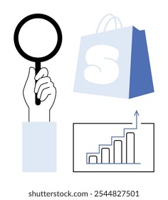 La mano sostiene la lupa con la bolsa de compras y la tabla de barras ascendente. Ideal para análisis de negocios, comercio electrónico, investigación de mercado, visualización de datos, compras en línea. Estilo limpio, moderno y minimalista