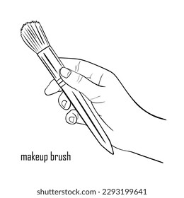 Hand holds makeup brush  for powder  blush isolated white background  Hand drawing hand and brush for makeup in minimal linear illustration  Vector illustration