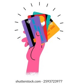 The hand holds many different plastic cards. Demonstration of different payment systems. bright flat cartoon-style drawing with texture. EPS 10.
