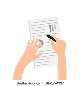 Hand holds a marker and corrects a business document. Vector illustration, flat cartoon design, isolated on white background, eps 10.