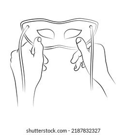 Hand holds mask. Concept of changing natural personality to conform to social requirements and pressure. People hiding faces behind social masks with fake emotions. Psychological problem. Sketch