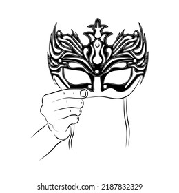 Hand holds mask. Concept of changing natural personality to conform to social requirements and pressure. People hiding faces behind social masks with fake emotions. Psychological problem. Sketch
