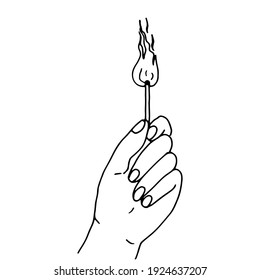 Hand holds a match with a flame. Drawn by contour in doodle style. Vector illustration.