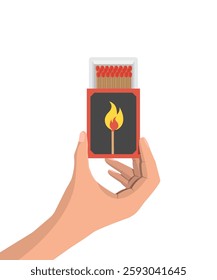 A hand holds a matchbox with a lit match graphic, flame casting a warm glow against a dark background. Stock illustration