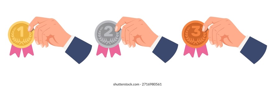 Hand holds medals for first, second and third place in competition. Awarding winners. Sport tournament. Best quality. Victory ambition. Winning ceremony. Olympic championship ranking badges vector set