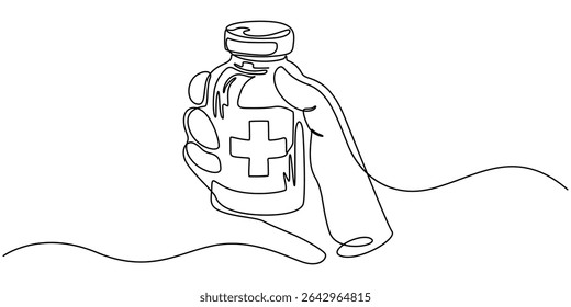 hand holds medicine bottle continuous one line drawing, Continuous one line drawing of Hand holding medicine bottle. simple medical drugs pharmacy care line art vector illustration, continuous line