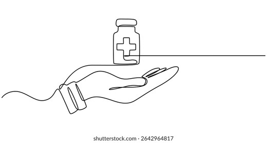hand holds medicine bottle continuous one line drawing, Continuous one line drawing of Hand holding medicine bottle. simple medical drugs pharmacy care line art vector illustration, continuous line