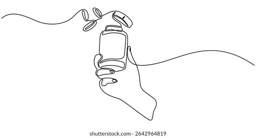 hand holds medicine bottle continuous one line drawing, Continuous one line drawing of Hand holding medicine bottle. simple medical drugs pharmacy care line art vector illustration, continuous line