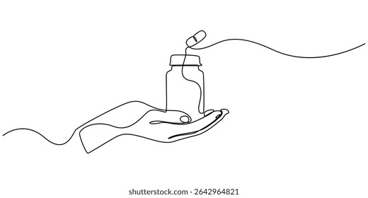hand holds medicine bottle continuous one line drawing, Continuous one line drawing of Hand holding medicine bottle. simple medical drugs pharmacy care line art vector illustration, continuous line