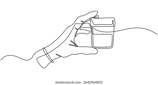 hand holds medicine bottle continuous one line drawing, Continuous one line drawing of Hand holding medicine bottle. simple medical drugs pharmacy care line art vector illustration, continuous line