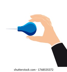 Hand holds medicine enema bulb medicines. Vector illustration cartoon flat style isolated
