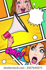 Hand holds megaphone bullhorn in retro pop art comic style Advertising banner with megaphone. Announcement of news, sales, special offer, sale, discount. Loudspeaker announces