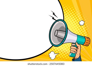 Hand holds megaphone bullhorn in retro pop art comic style Advertising banner with megaphone. Announcement of news, sales, special offer, sale, discount. Loudspeaker announces