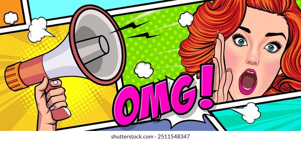 Hand holds megaphone bullhorn in retro pop art comic style Advertising banner with megaphone. Announcement of news, sales, special offer, sale, discount. Loudspeaker announces