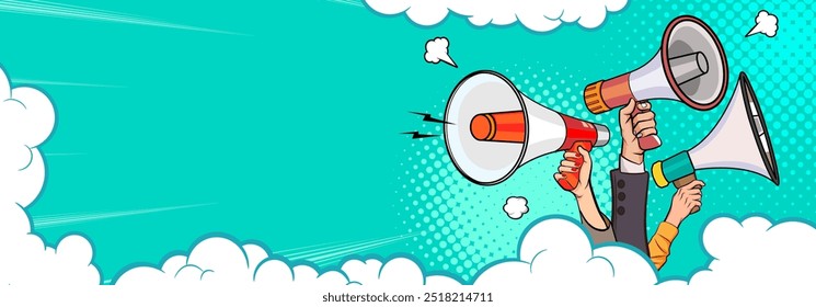 Mão segura megafone bullhorn no estilo de quadrinhos pop art retro Publicidade Banner de negócios com alto-falante