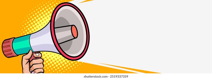 Hand holds megaphone bullhorn in retro pop art comic style Advertising Business banner with Loudspeaker