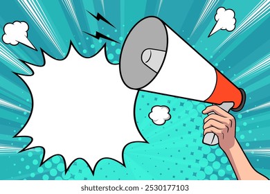 Hand holds megaphone bullhorn in retro pop art comic style Advertising Business banner with Loudspeaker