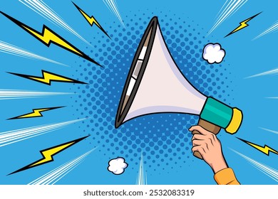 Hand holds megaphone bullhorn in retro pop art comic style Advertising Business banner with Loudspeaker