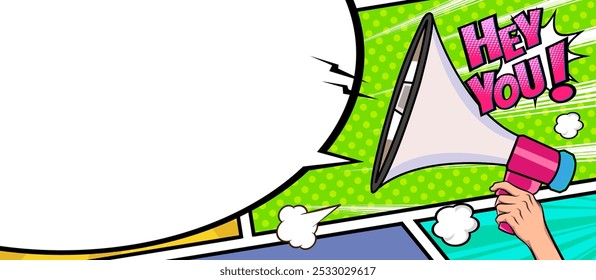 Hand holds megaphone bullhorn in retro pop art comic style Advertising banner with megaphone. Announcement of news, sales, special offer, sale, discount. Loudspeaker announces