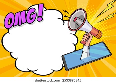 Mão segura megafone bullhorn no estilo de quadrinhos pop art retro Publicidade Banner de negócios com alto-falante