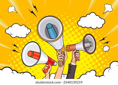 Hand holds megaphone bullhorn in retro pop art comic style Advertising Business banner with Loudspeaker