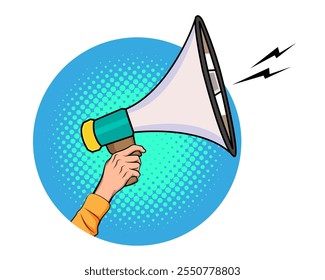 Hand holds megaphone bullhorn in retro pop art comic style Advertising Business banner with Loudspeaker
