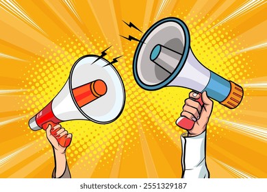 Hand holds megaphone bullhorn in retro pop art comic style Advertising Business banner with Loudspeaker