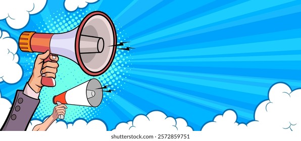 Hand holds megaphone bullhorn in retro pop art comic style Advertising Business banner with Loudspeaker
