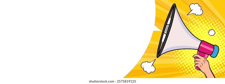 Hand holds megaphone bullhorn in retro pop art comic style Advertising banner with megaphone. Announcement of news, sales, special offer, sale, discount. Loudspeaker announces