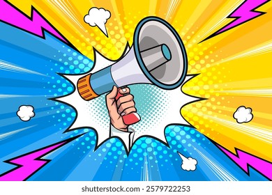 Hand holds megaphone bullhorn in retro pop art comic style Advertising Business banner with Loudspeaker