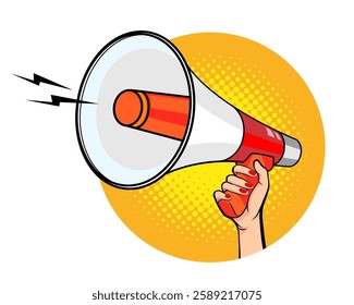 Hand holds megaphone bullhorn in retro pop art comic style Advertising Business banner with Loudspeaker