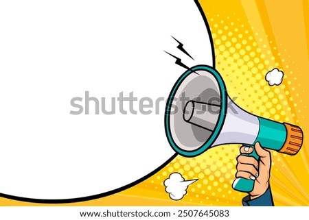 Hand holds megaphone bullhorn in retro pop art comic style Advertising banner with megaphone. Announcement of news, sales, special offer, sale, discount. Loudspeaker announces