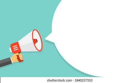 Hand holds a megaphone. Dialog box, white bubble for social media marketing and advertising concept. Advertising banner or poster of a site for a social network.