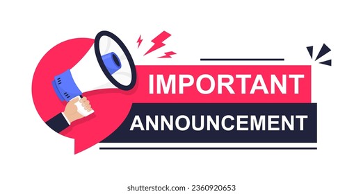 Hand holds megaphone - an important announcement. Warning Megaphone Tag. Banner for business, marketing and advertising. Megaphone with an important speech. Speaker. Vector