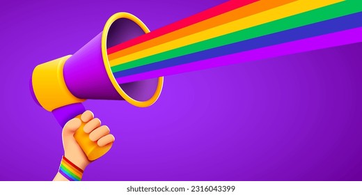 Hand holds megaphone with LGBT rainbow flag. Pride month banner. People's rights movement, diversity concept. Vector illustration