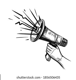 Hand Holds A Megaphone. Loudspeaker Illustration. Vector Sketch