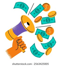 hand holds a megaphone, money flying in the air isolated on a white background. the concept of a business ad, the promise of good earnings. flat drawing with texture. EPS 10.