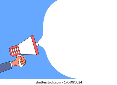 Hand holds megaphone, monologue balloon. Vector flat cartoon illustration.
