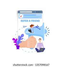 A hand holds a megaphone, and tiny people sit around with tablets and laptops. Concept - refer a friend