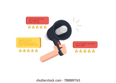 Hand holds megaphone,concept of voting system, communications and technology reviews. Vector illustration isolated on white background