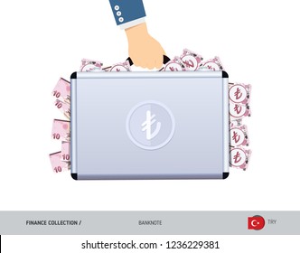 Hand holds a metal case with 10 Turkish Lira Banknotes. Flat style vector illustration. Salary payout or corruption concept.