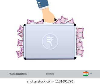 Hand holds a metal case with 2000 Indian Rupee Banknotes. Flat style vector illustration. Salary payout or corruption concept.