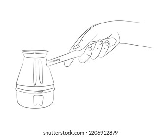 Hand holds metal turk with wooden handle. Turk for brewing coffee. Coffee pot for cooking flavored black Turkish coffee. Sketch on white background. Editable linear contour drawing