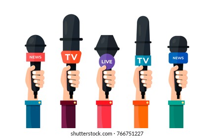 The hand holds a microphone, 5 different options for the news channel. Vector illustration EPS 10