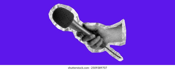 A hand holds a microphone. Collage element in halftone effect. Pop art illustration on bright yellow background. Vector